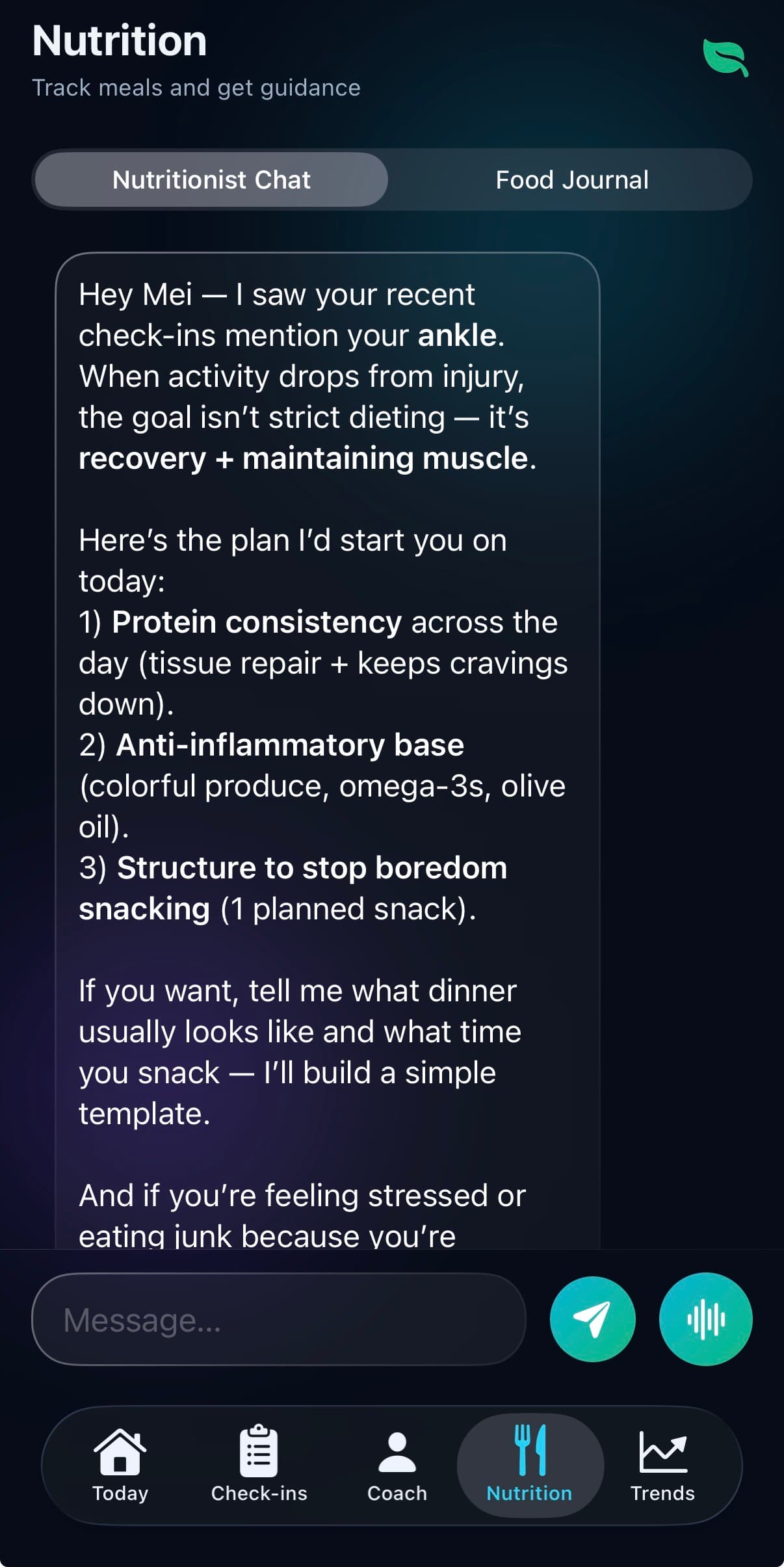 AI nutrition coaching chat