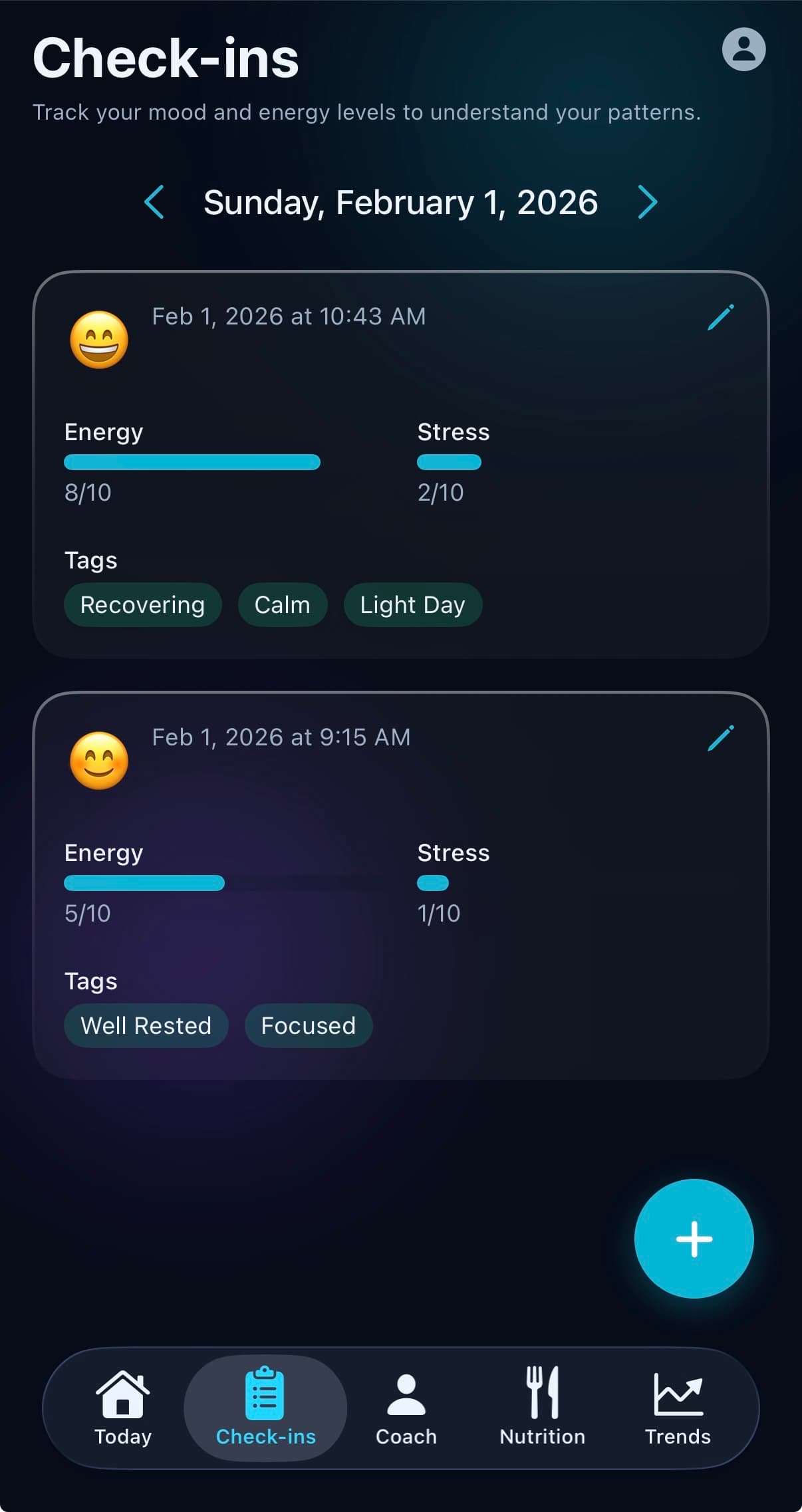 Quick 15-second check-in screen