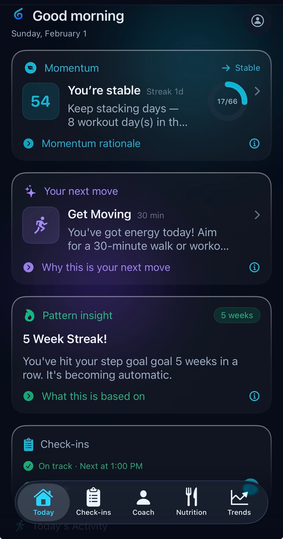 Today view showing personalized daily plan