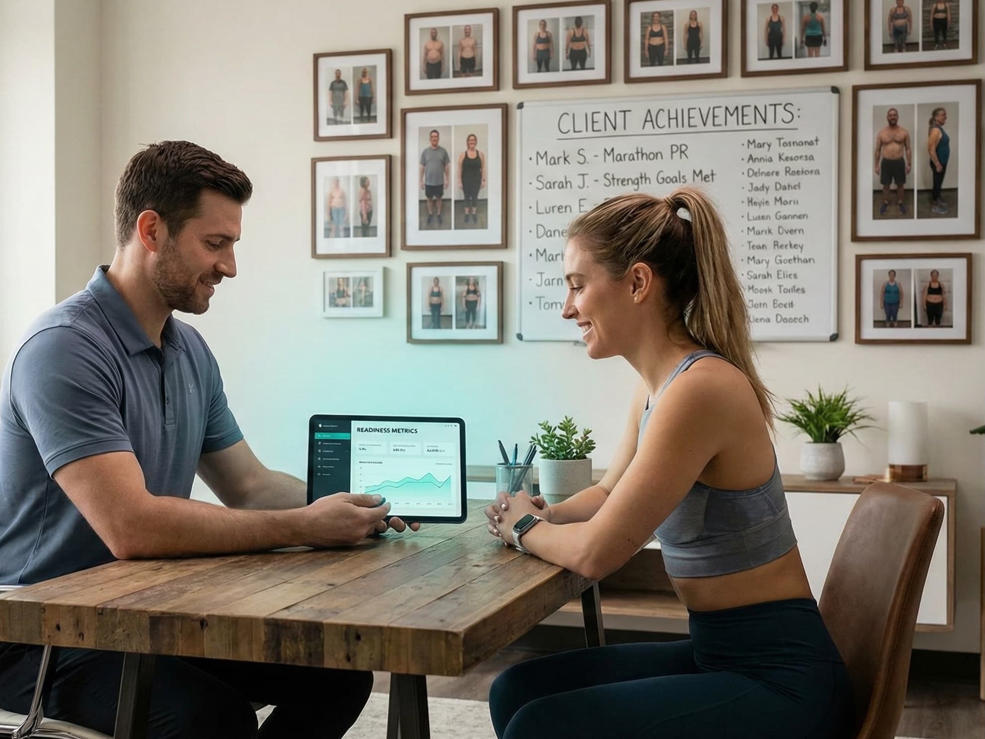 Trainer confidently working with multiple clients