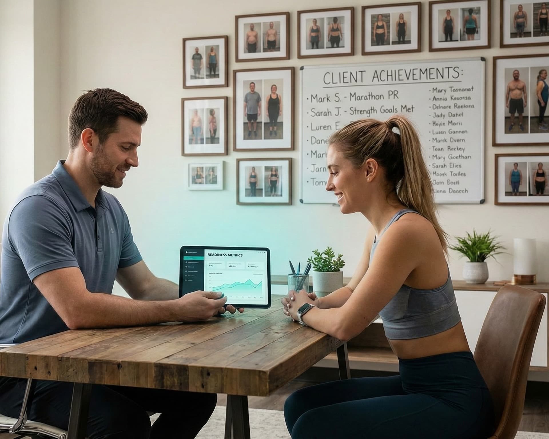 Trainer confidently working with multiple clients